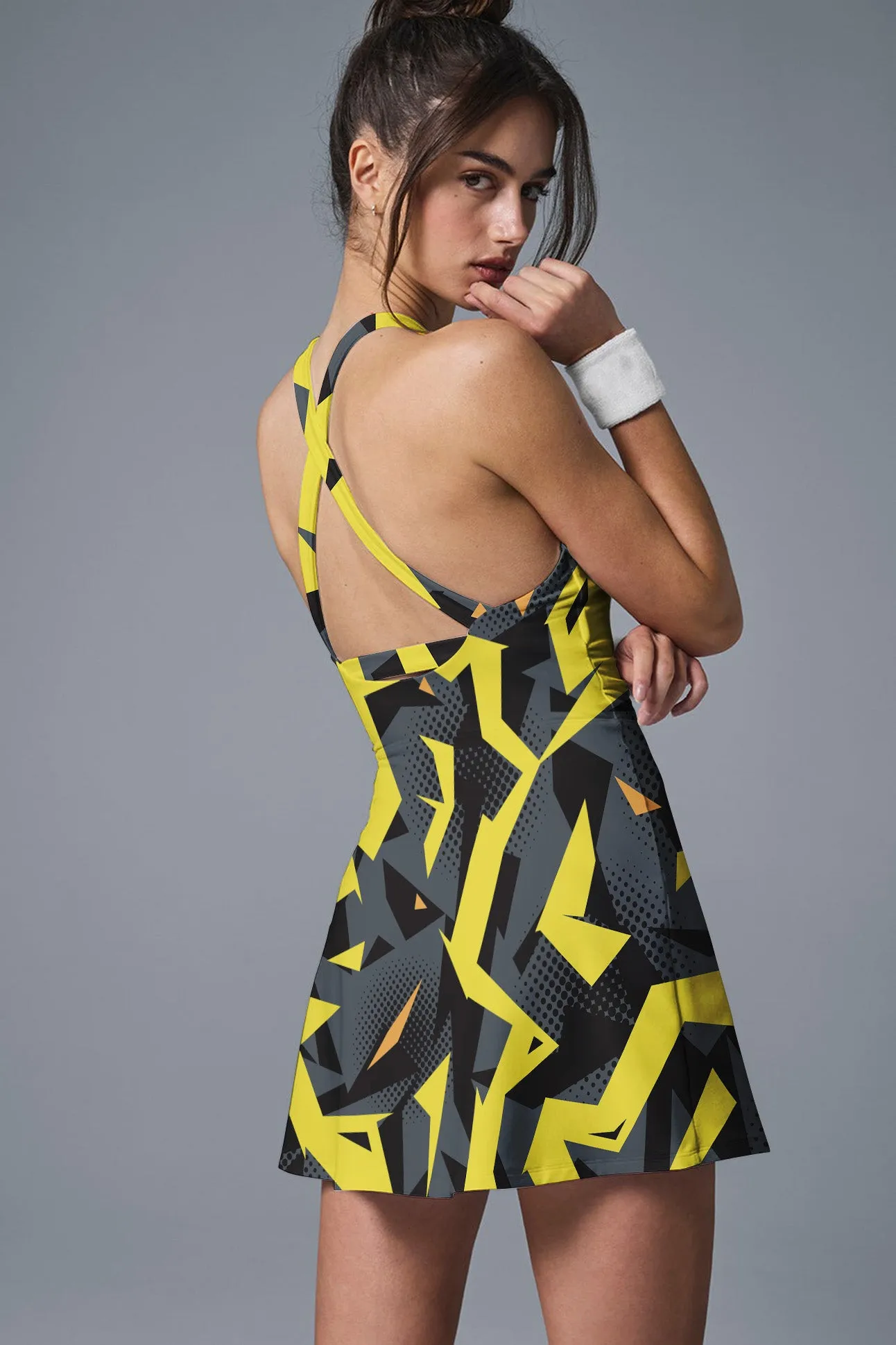 Lightning Bolt Power Set – Yellow & Black Geometric Print Crop Top and Skirt Set for Women