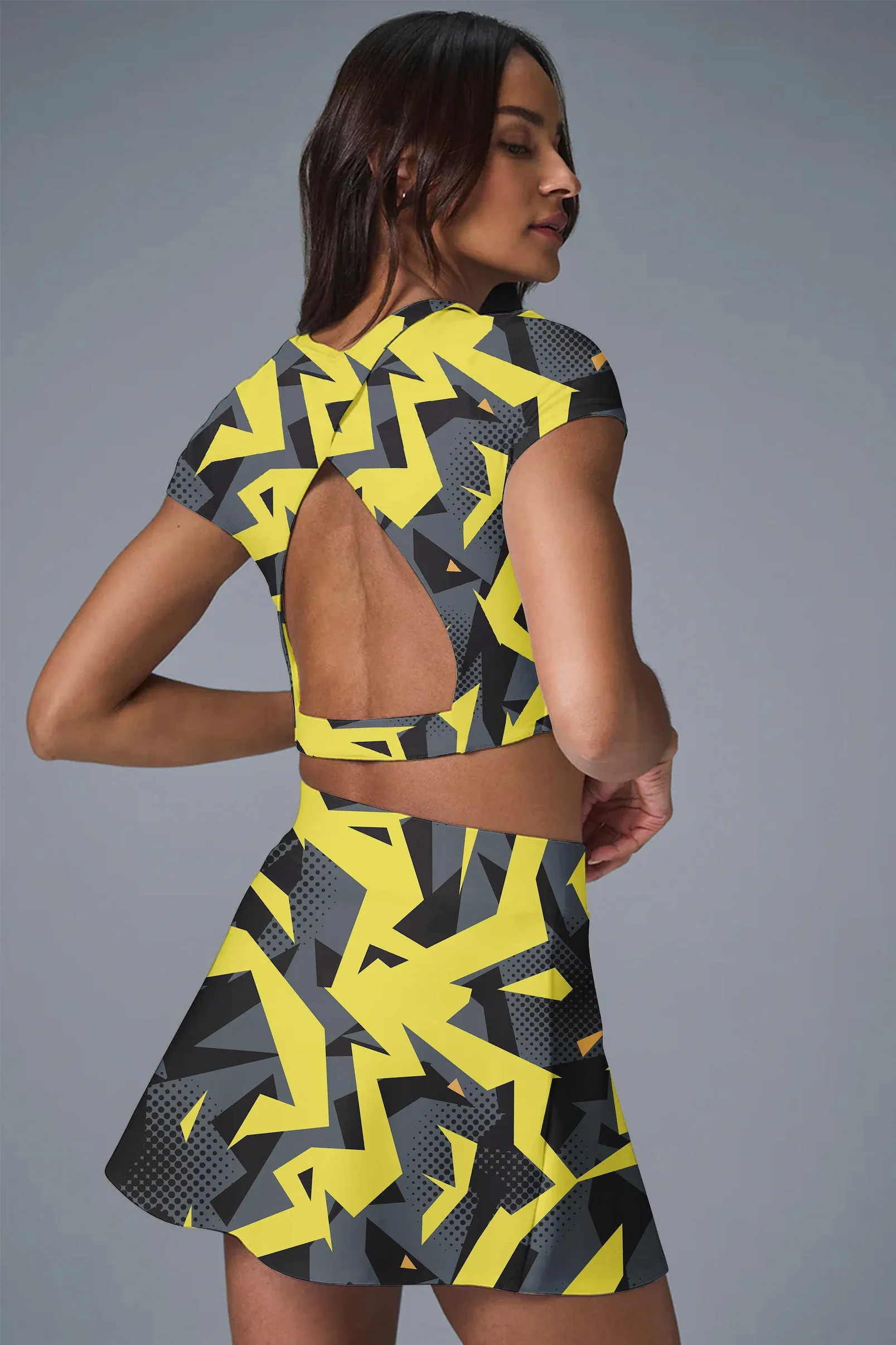 Lightning Bolt Power Set – Yellow & Black Geometric Print Crop Top and Skirt Set for Women
