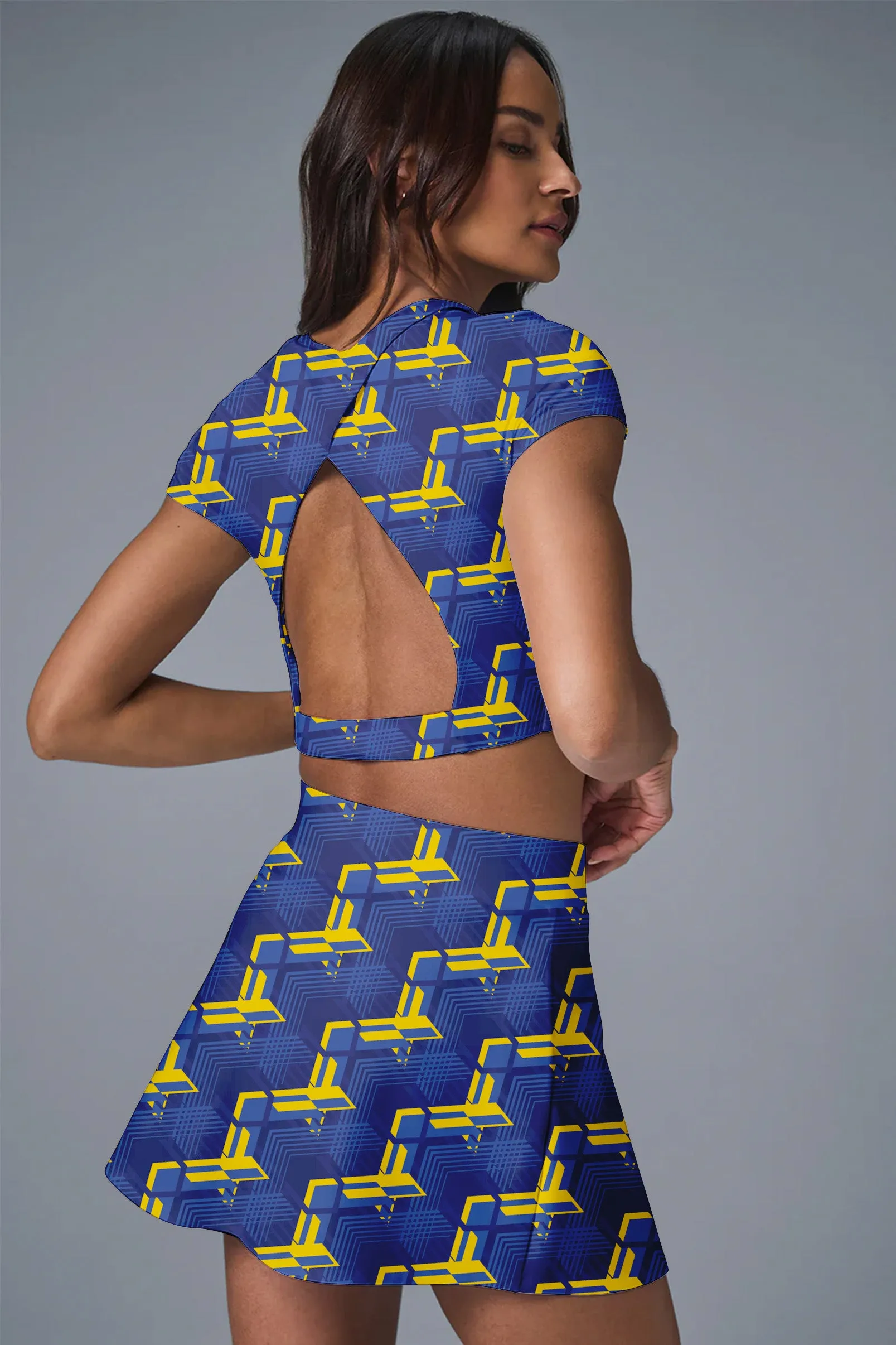 Lightning Velocity Set – Blue Crop Top & Skort with Yellow Bolt Print for Women