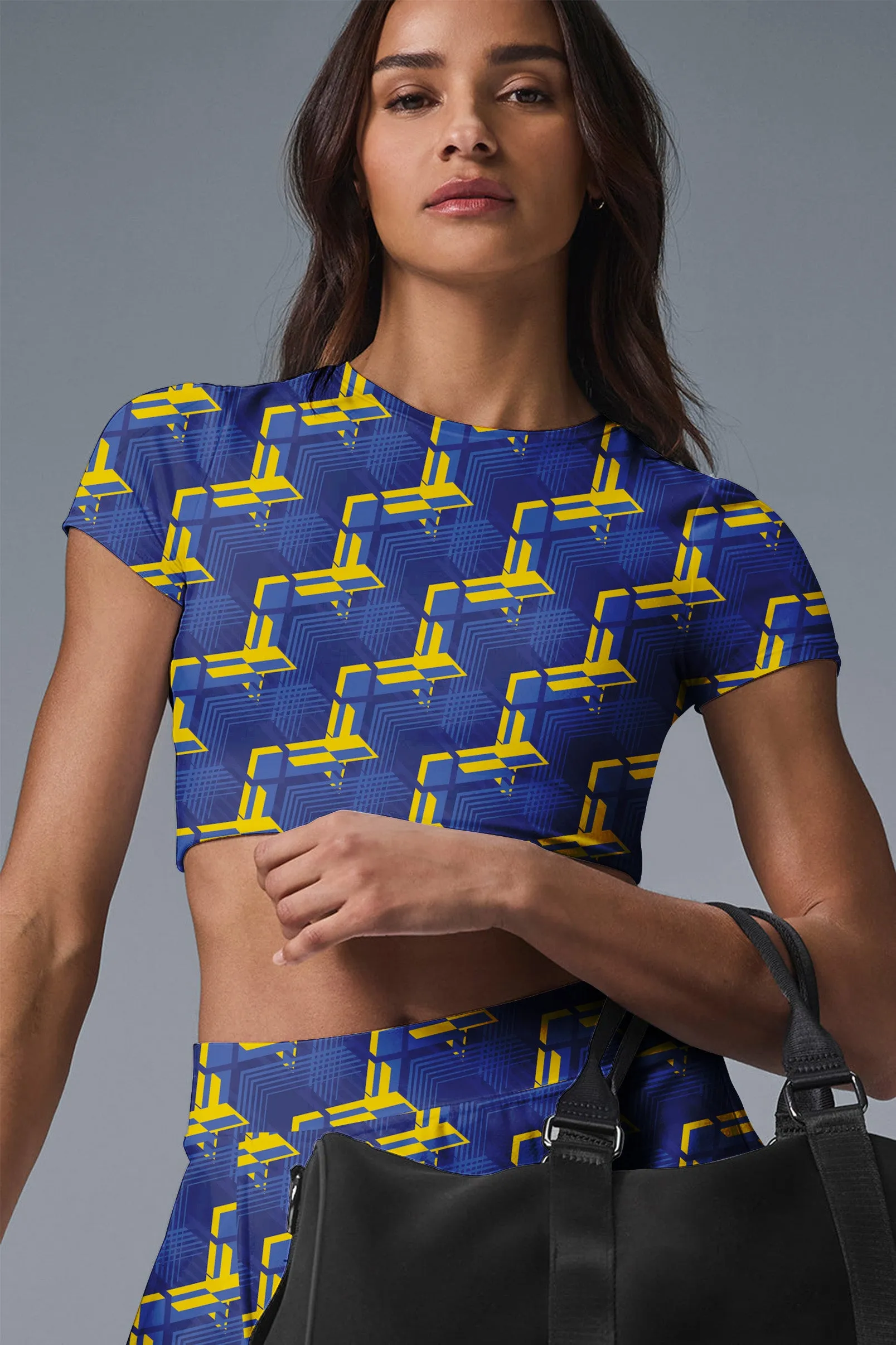 Lightning Velocity Set – Blue Crop Top & Skort with Yellow Bolt Print for Women