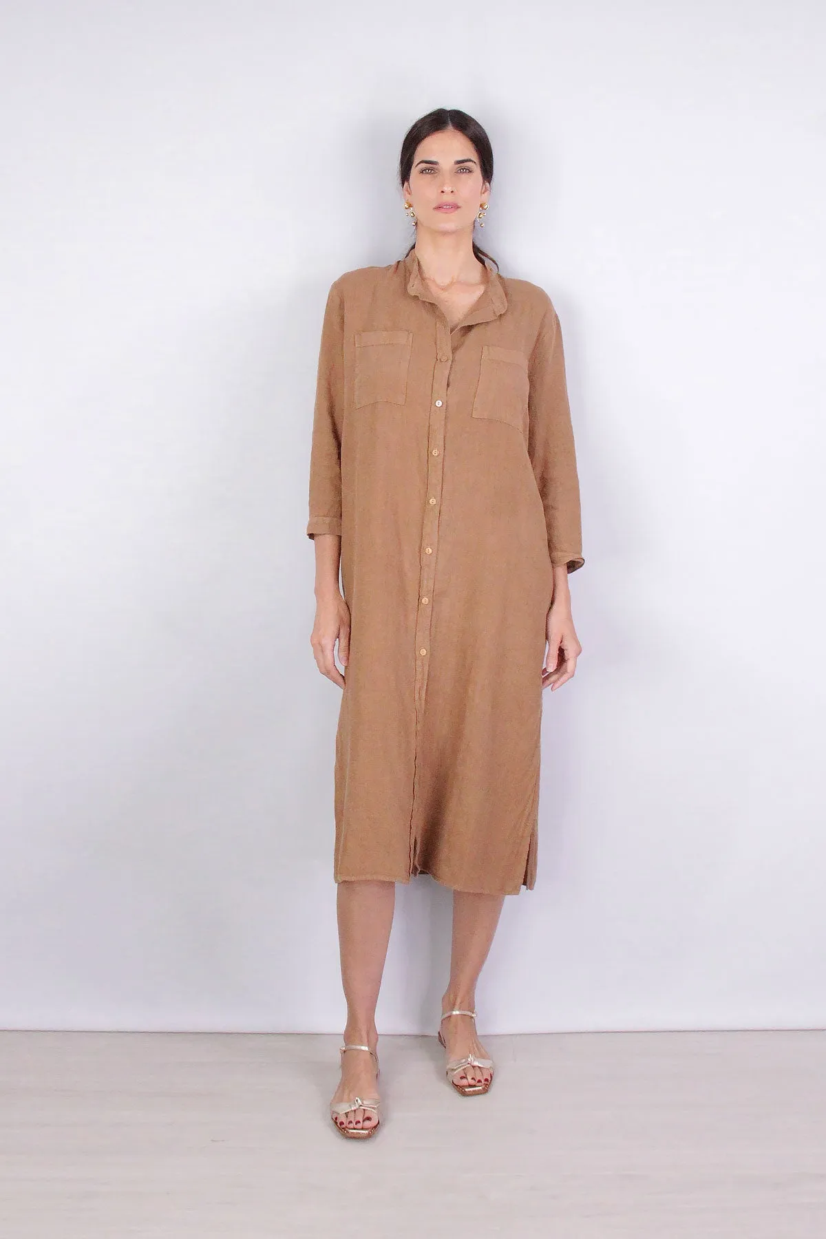Linen Bracelet Sleeve Shirtdress in Brown