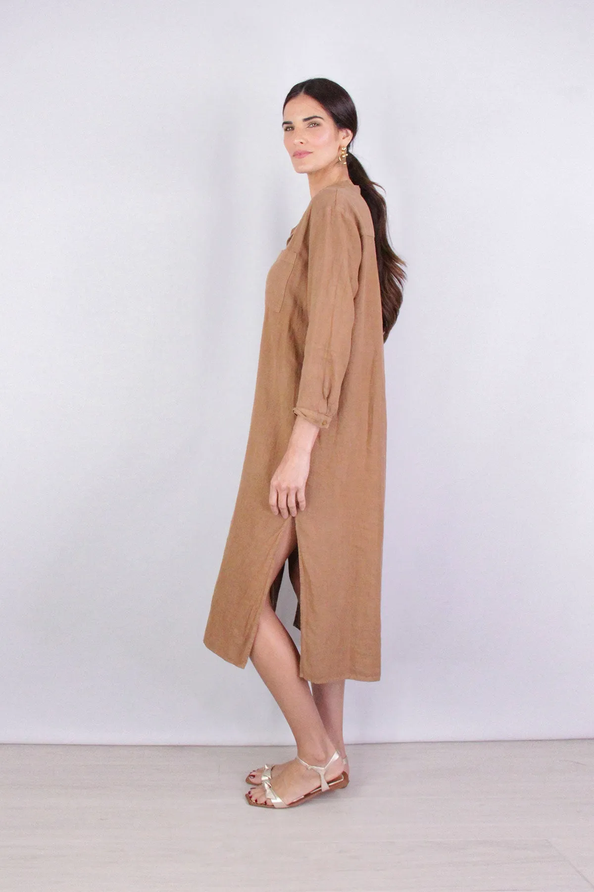 Linen Bracelet Sleeve Shirtdress in Brown