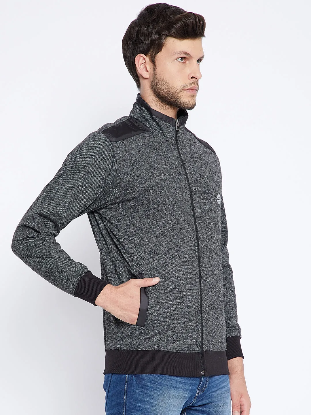 Livfree Men's Mock Collar Full Sleeves  Striped Sweatshirt - Black (Zipper)