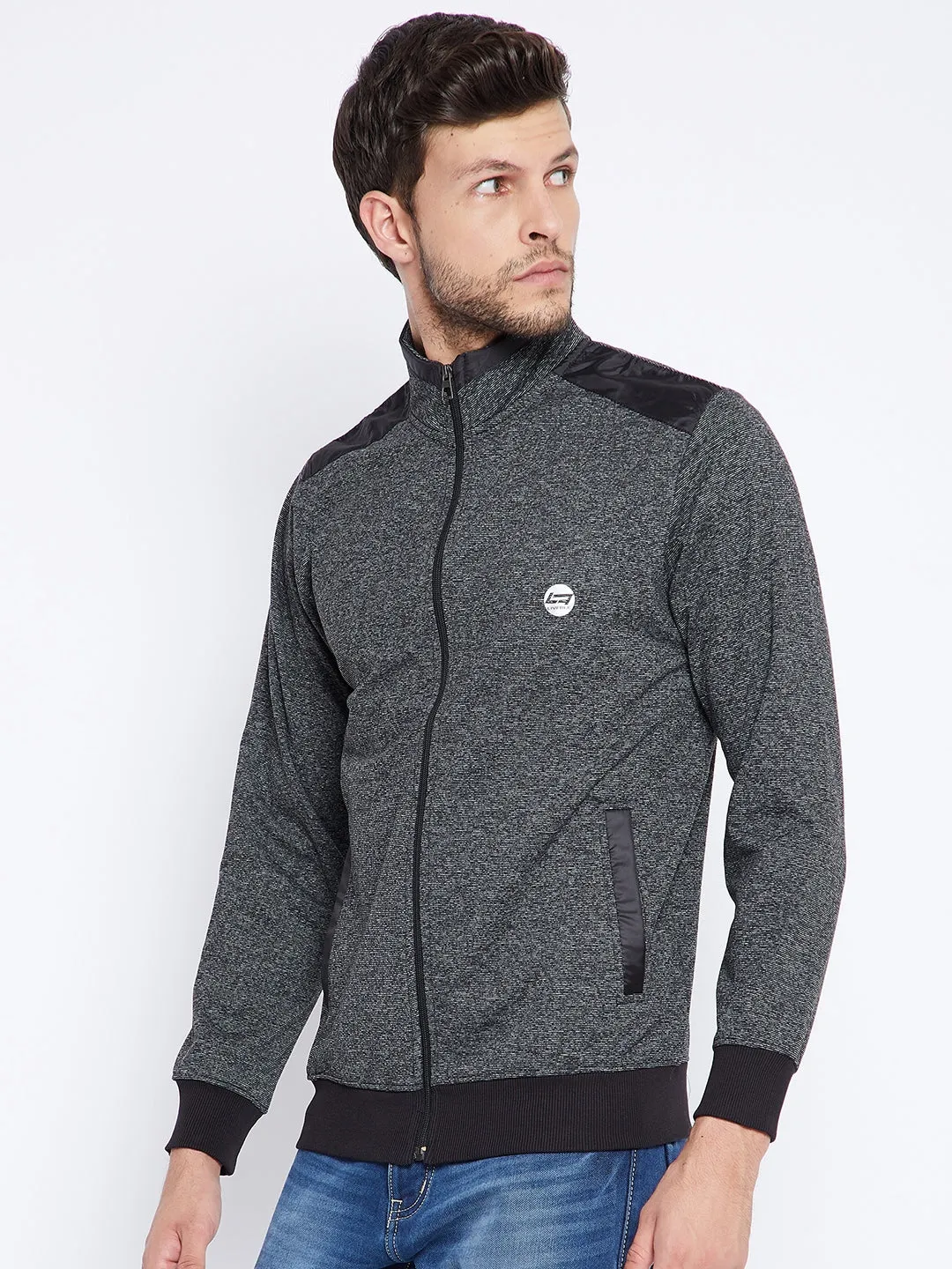 Livfree Men's Mock Collar Full Sleeves  Striped Sweatshirt - Black (Zipper)