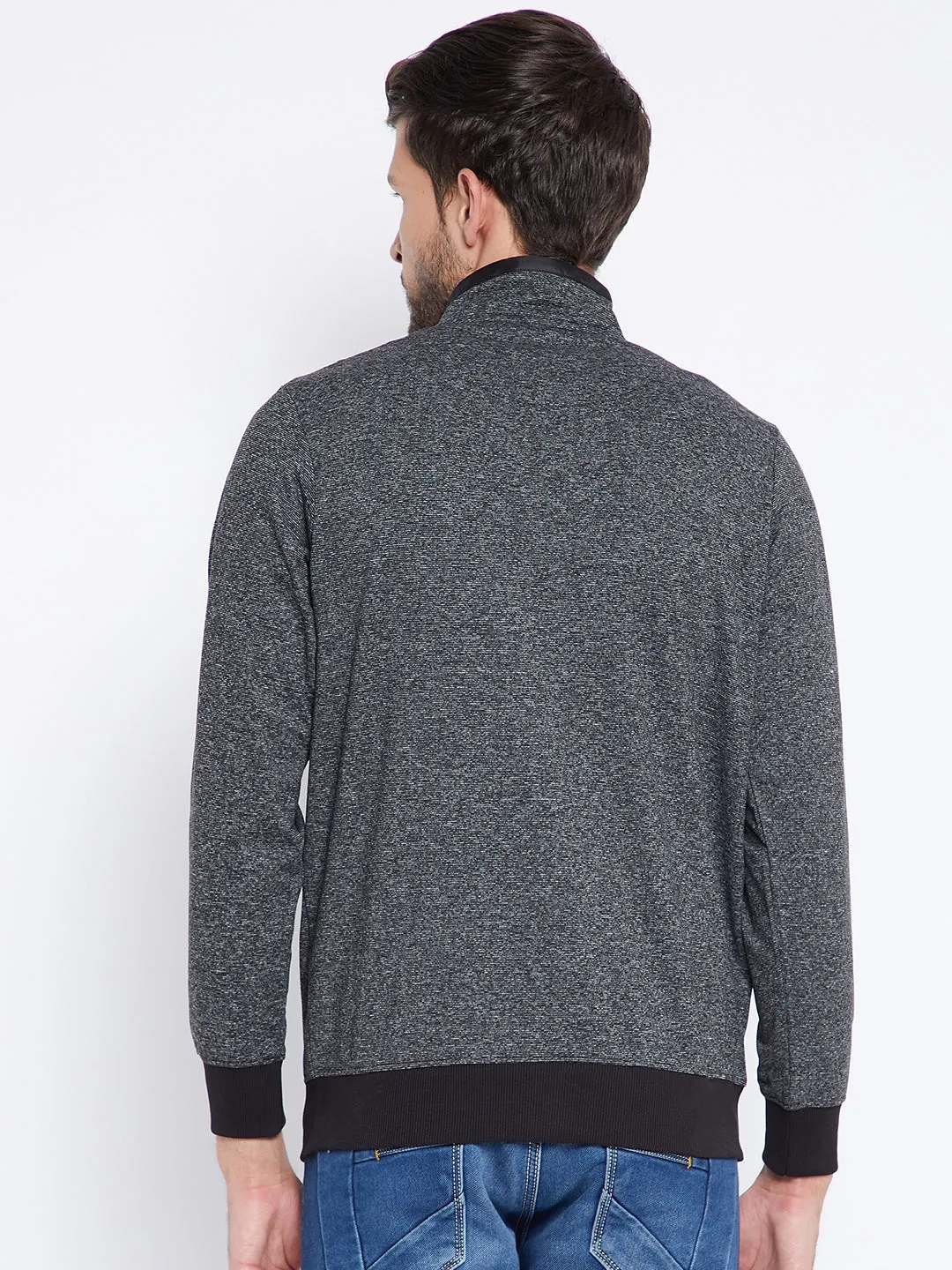 Livfree Men's Mock Collar Full Sleeves  Striped Sweatshirt - Black (Zipper)