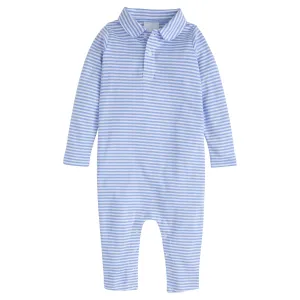 Long Sleeve Stripe Polo Romper - Light Blue