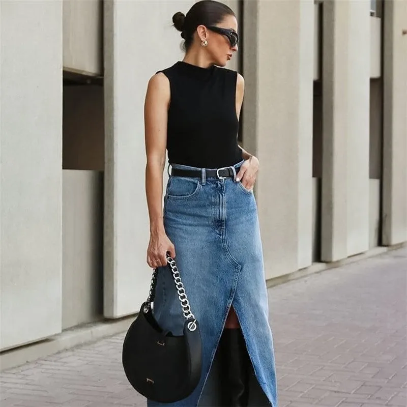 Loose Fit A-Line Denim Midi Skirt In Light Blue