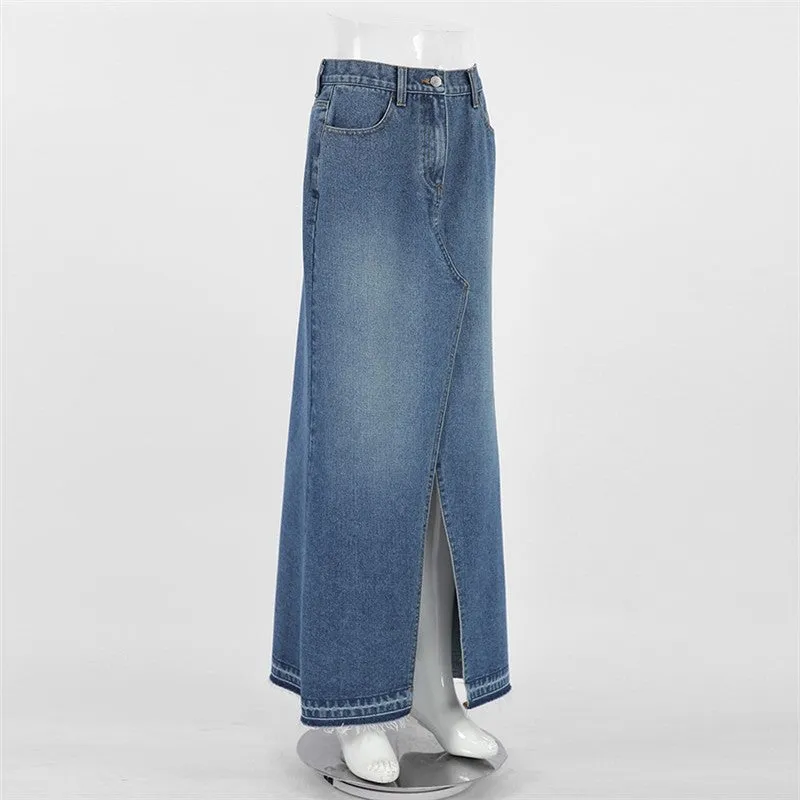 Loose Fit A-Line Denim Midi Skirt In Light Blue
