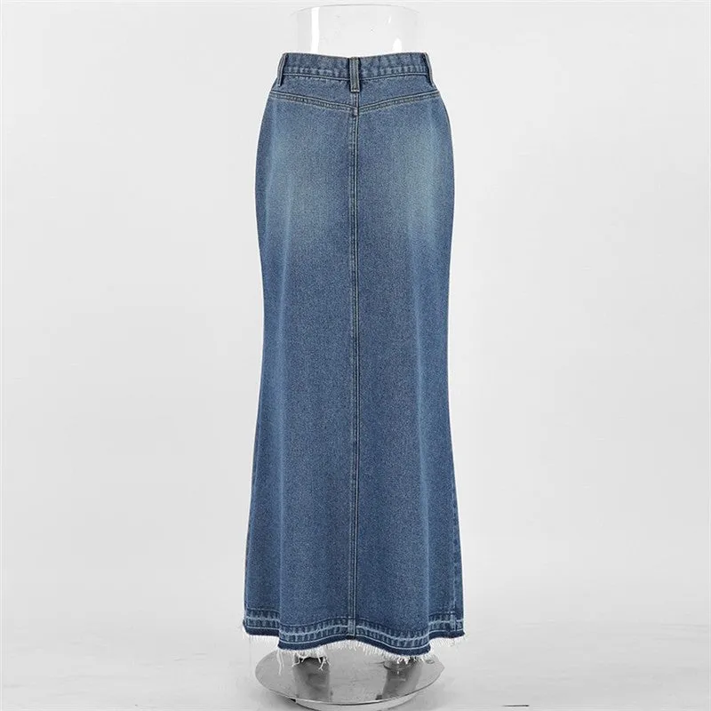 Loose Fit A-Line Denim Midi Skirt In Light Blue