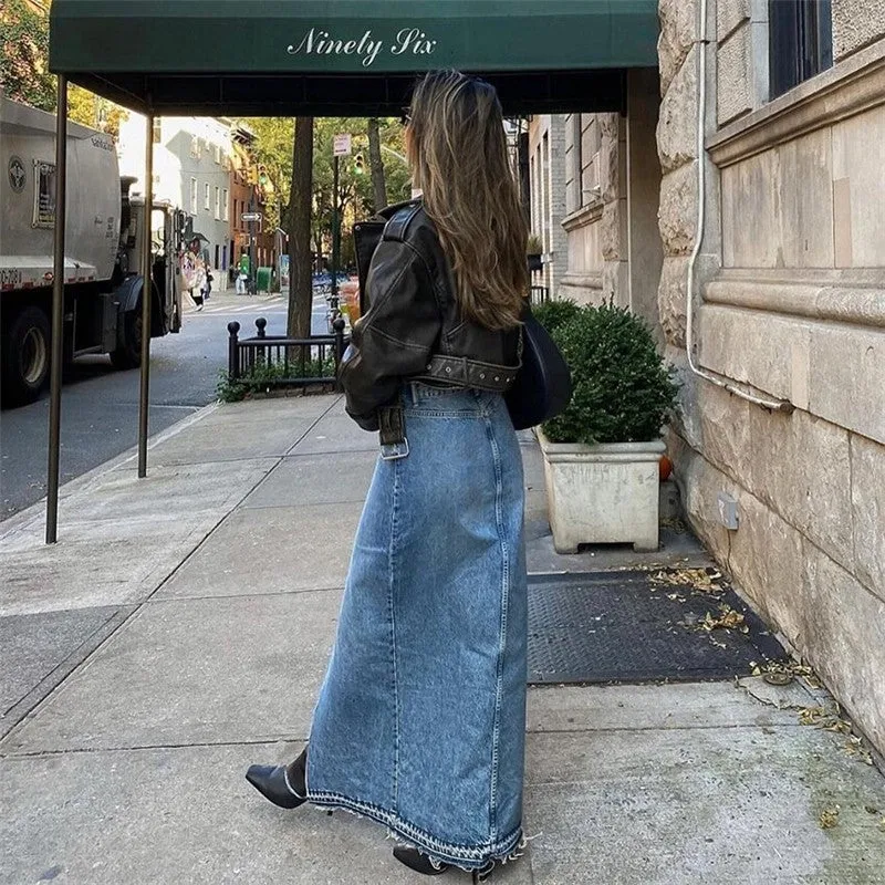 Loose Fit A-Line Denim Midi Skirt In Light Blue