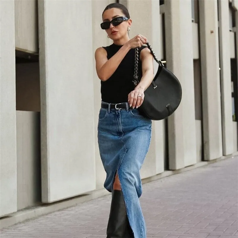 Loose Fit A-Line Denim Midi Skirt In Light Blue