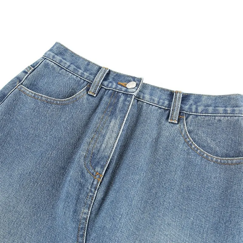 Loose Fit A-Line Denim Midi Skirt In Light Blue