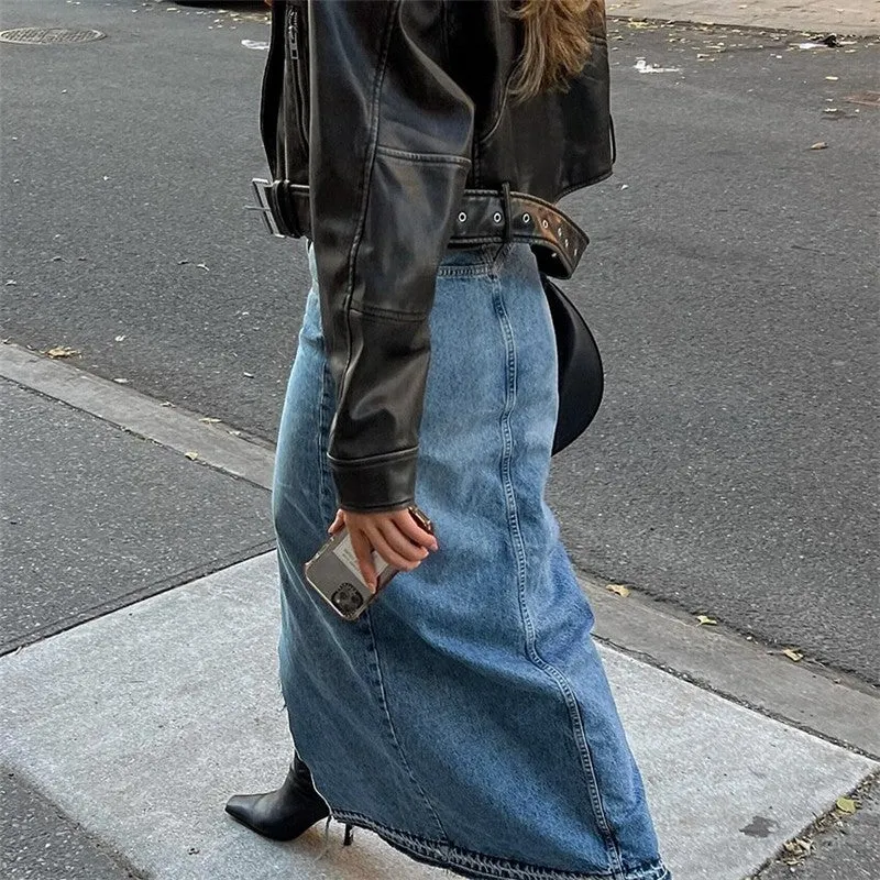 Loose Fit A-Line Denim Midi Skirt In Light Blue