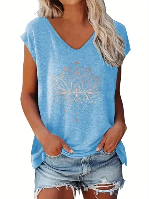 Lotus Print T-shirt - V-Neck & Casual Cap Sleeve