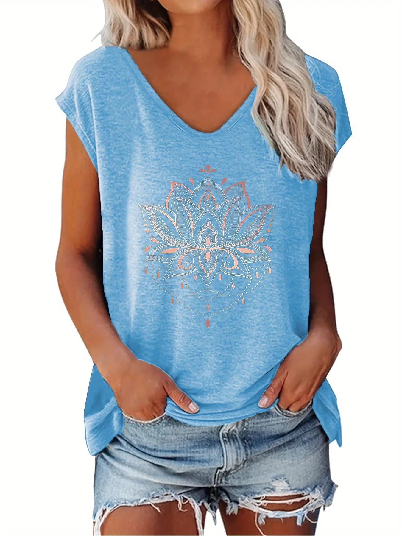Lotus Print T-shirt - V-Neck & Casual Cap Sleeve