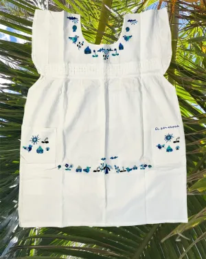 M Monochromatic Blues Tones Traditional Embroidered Dress from El Salvador-Vestido