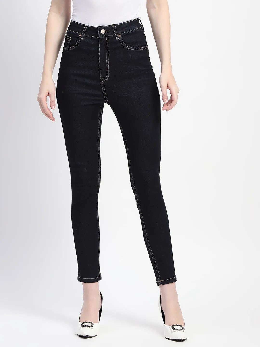 Madame Cotton Skinny Fit Solid Dark Blue Denim