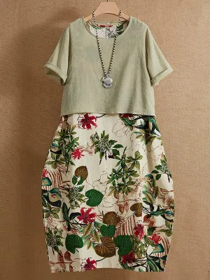 Madison - Two-piece vintage-style maxi dress with short sleeves, round neckline and floral print