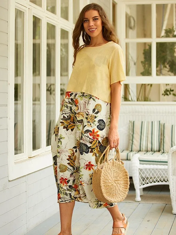 Madison - Two-piece vintage-style maxi dress with short sleeves, round neckline and floral print