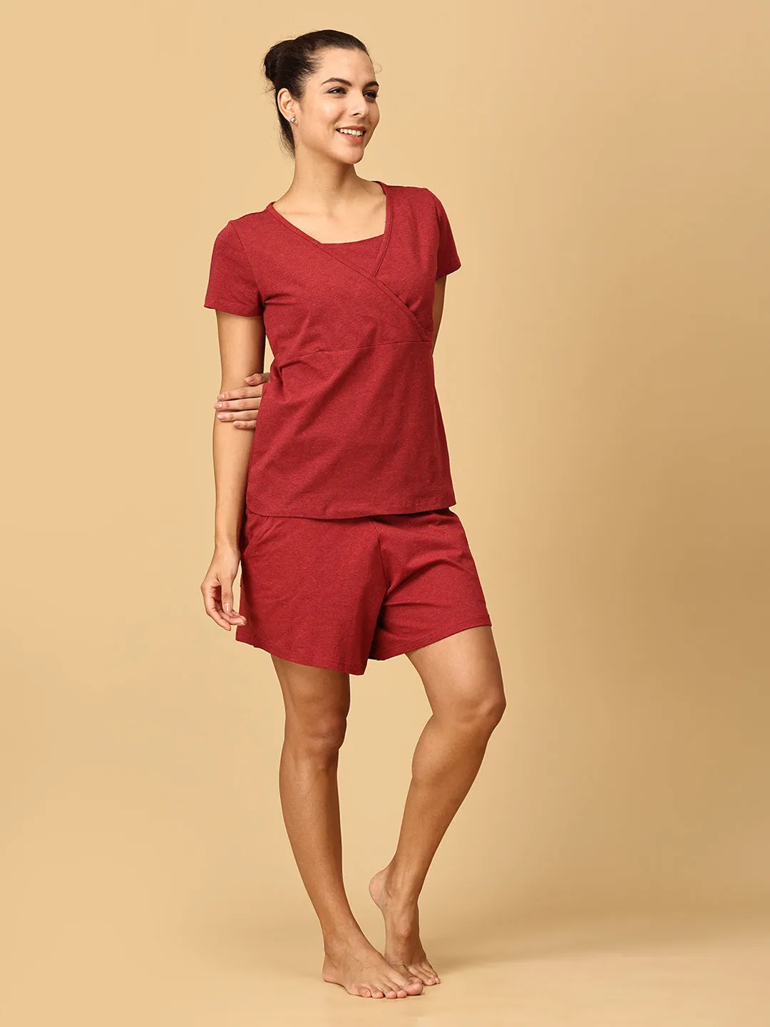 Maternity and Nursing Top & Maternity Shorts Combo- Red Melange