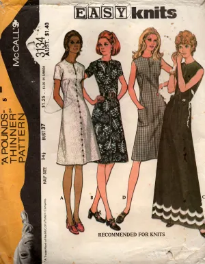 McCall's 3134 Womens Half Sized Fit & Flared Dresses 1970s Vintage Sewing Pattern Size 14 1/2 Bust 37 inches