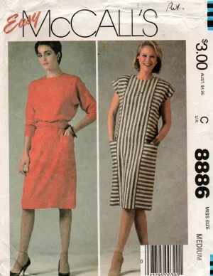 McCall's 8886 Womens EASY Pullover Straight Dress with Pockets & Sash 1980s Vintage Sewing Pattern Size MEDIUM 14-16