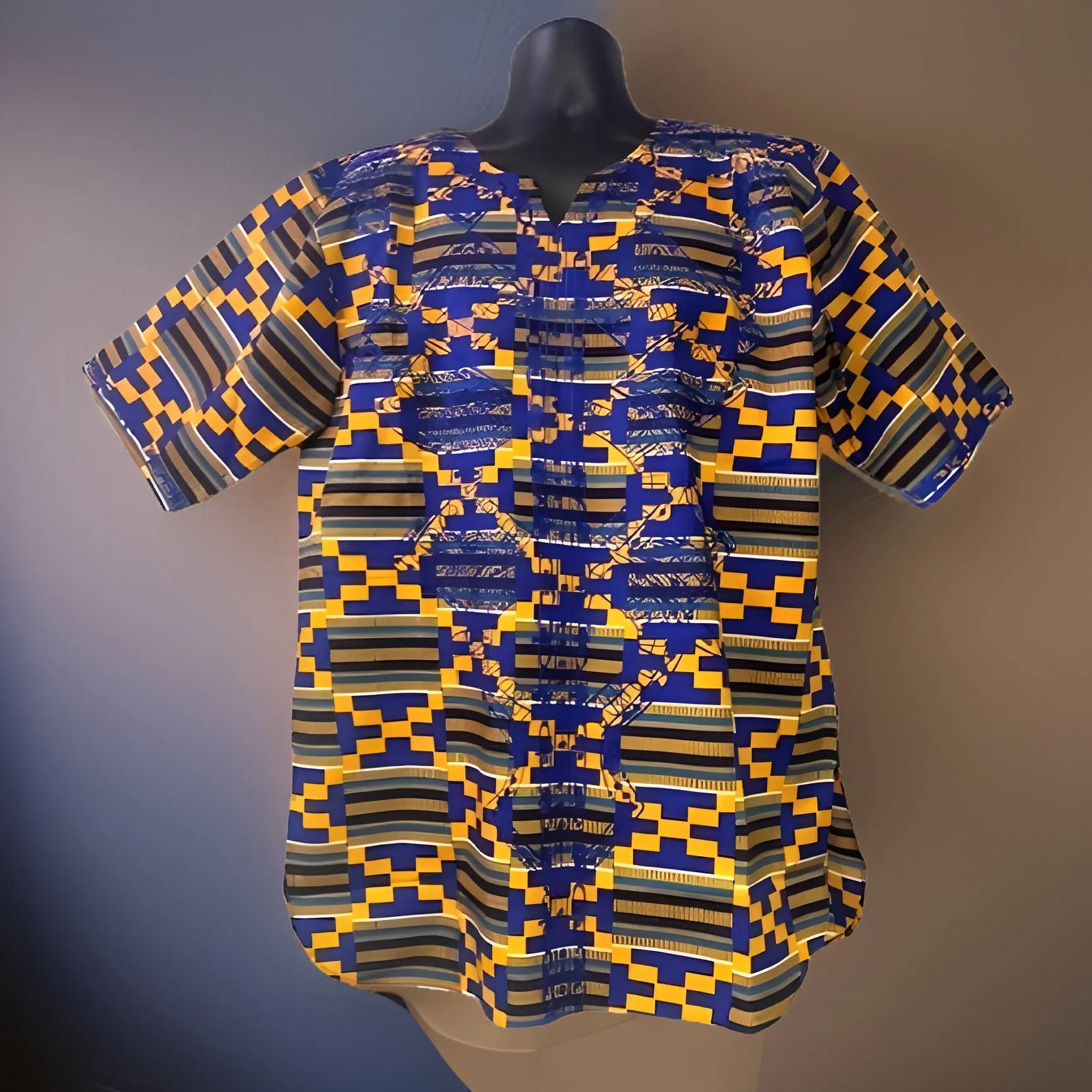 Men's Blue/Gold African Print Embroidered Dashiki Shirt