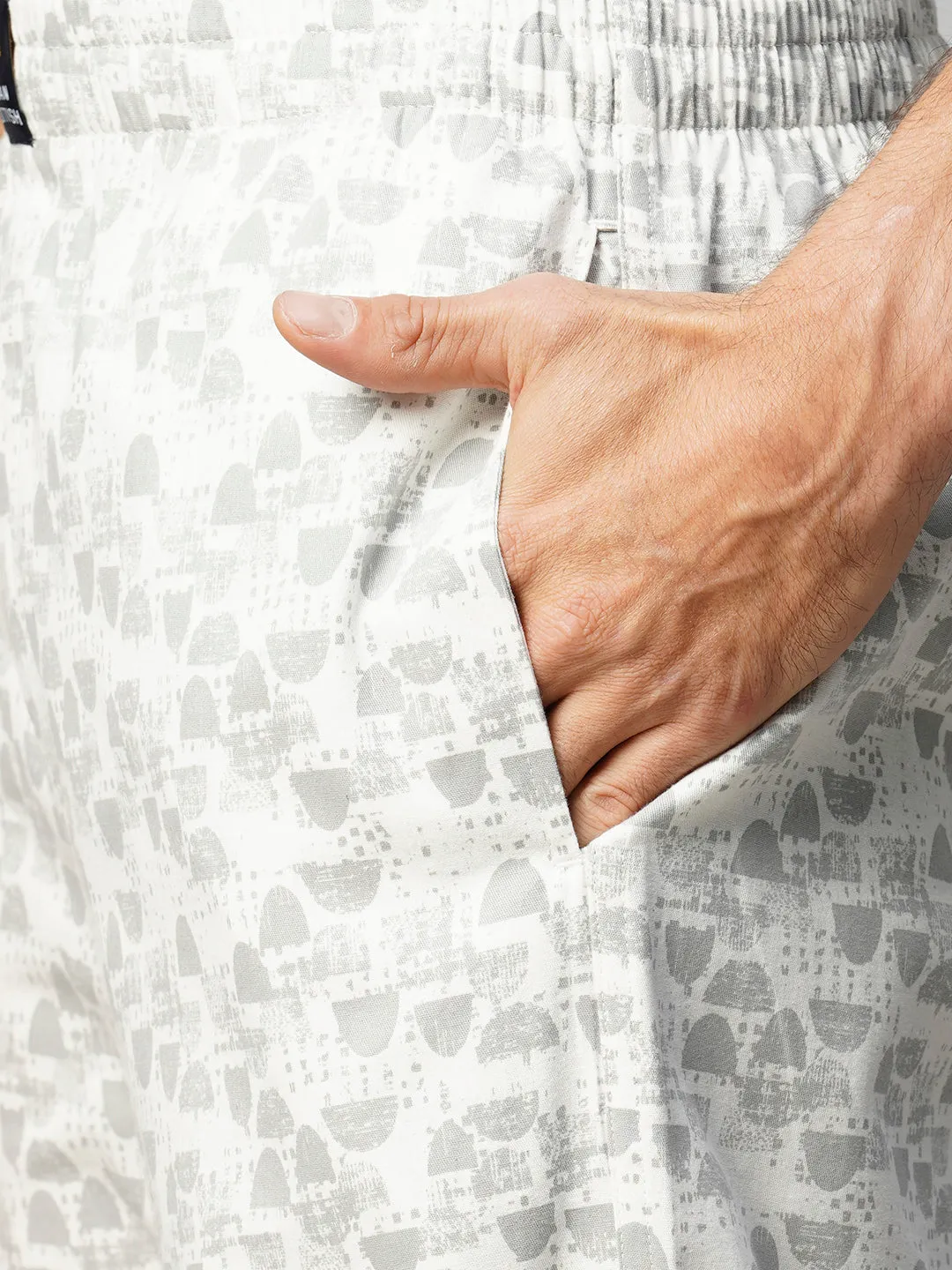 Men's Printed, White & Grey, Cotton, Regular Fit, Elasticated, Waistband, Pyjama  With Side Pockets