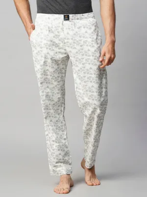 Men's Printed, White & Grey, Cotton, Regular Fit, Elasticated, Waistband, Pyjama  With Side Pockets