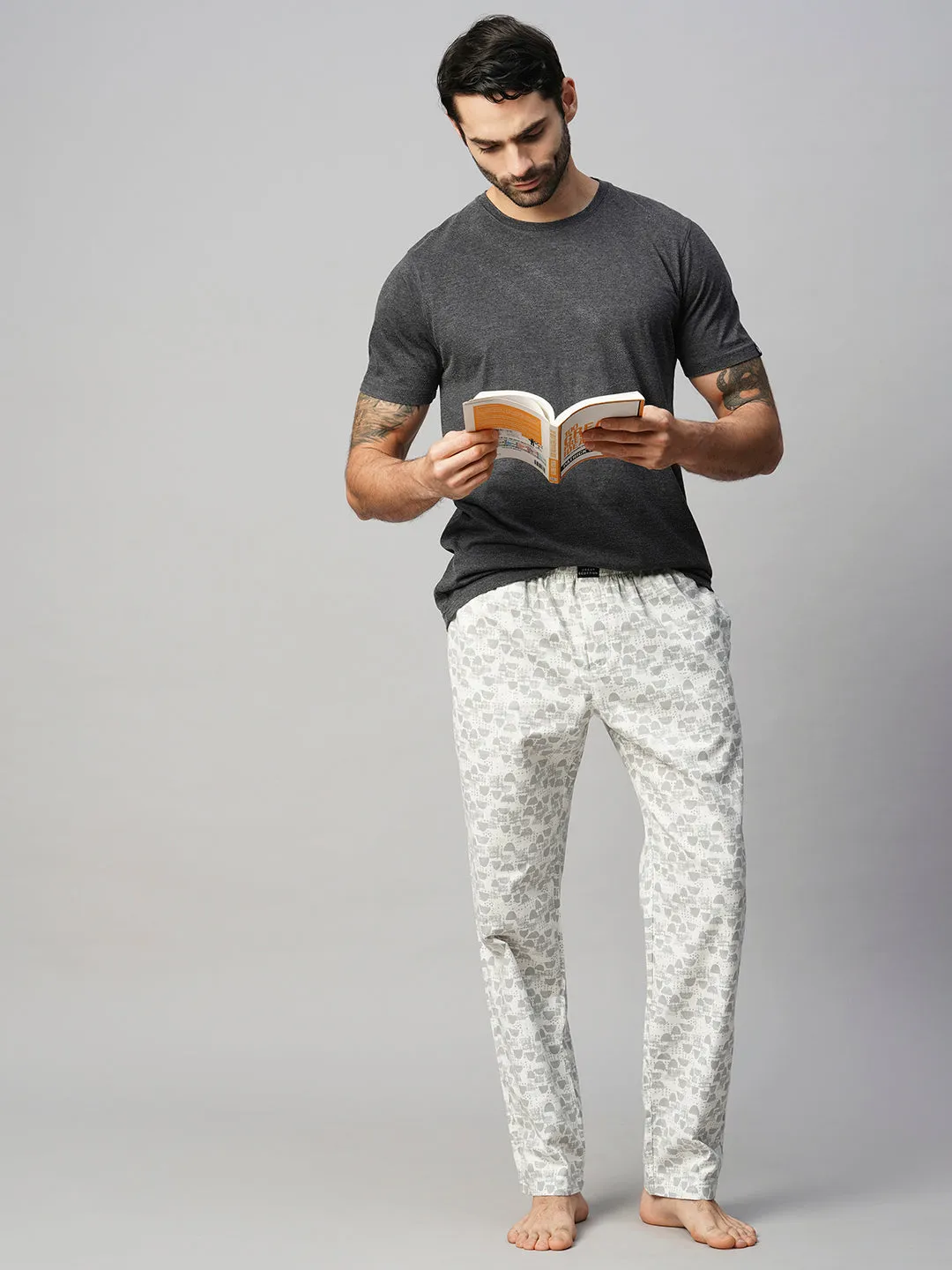 Men's Printed, White & Grey, Cotton, Regular Fit, Elasticated, Waistband, Pyjama  With Side Pockets