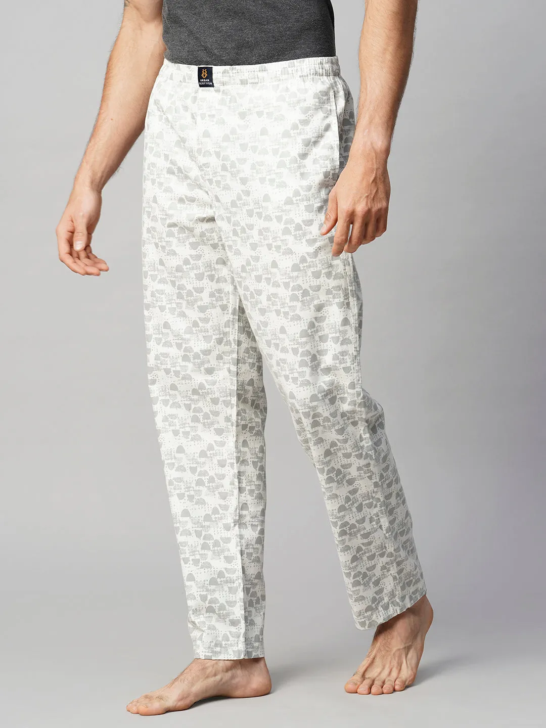 Men's Printed, White & Grey, Cotton, Regular Fit, Elasticated, Waistband, Pyjama  With Side Pockets