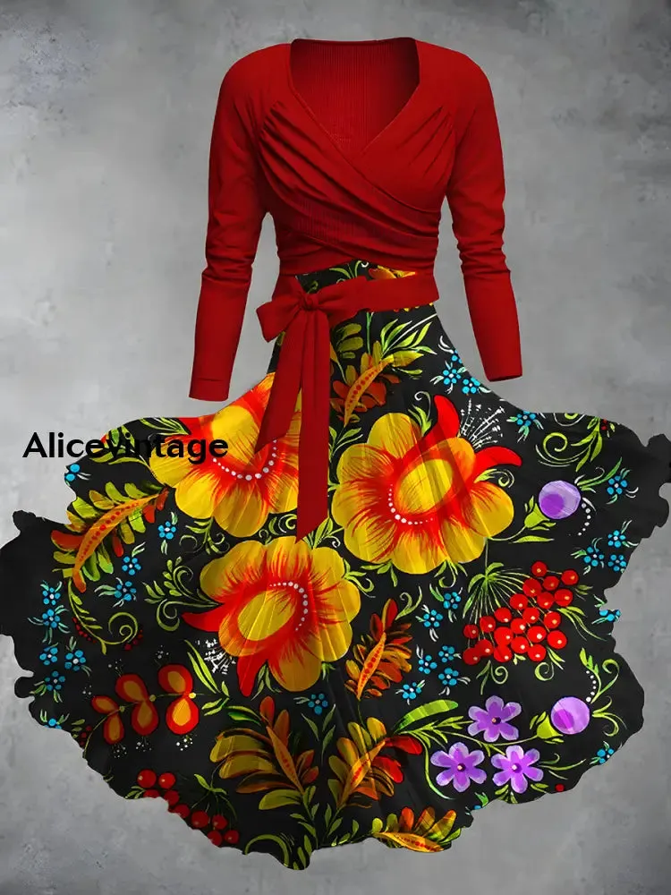 Mexican Floral Print V-Neck Vintage Long Sleeve Two-Piece Dress