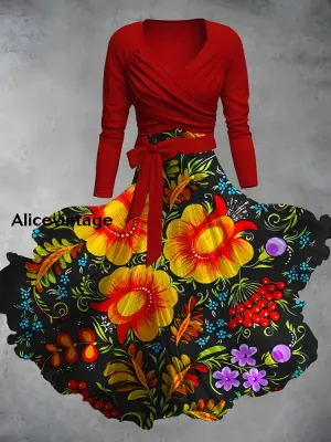 Mexican Floral Print V-Neck Vintage Long Sleeve Two-Piece Dress