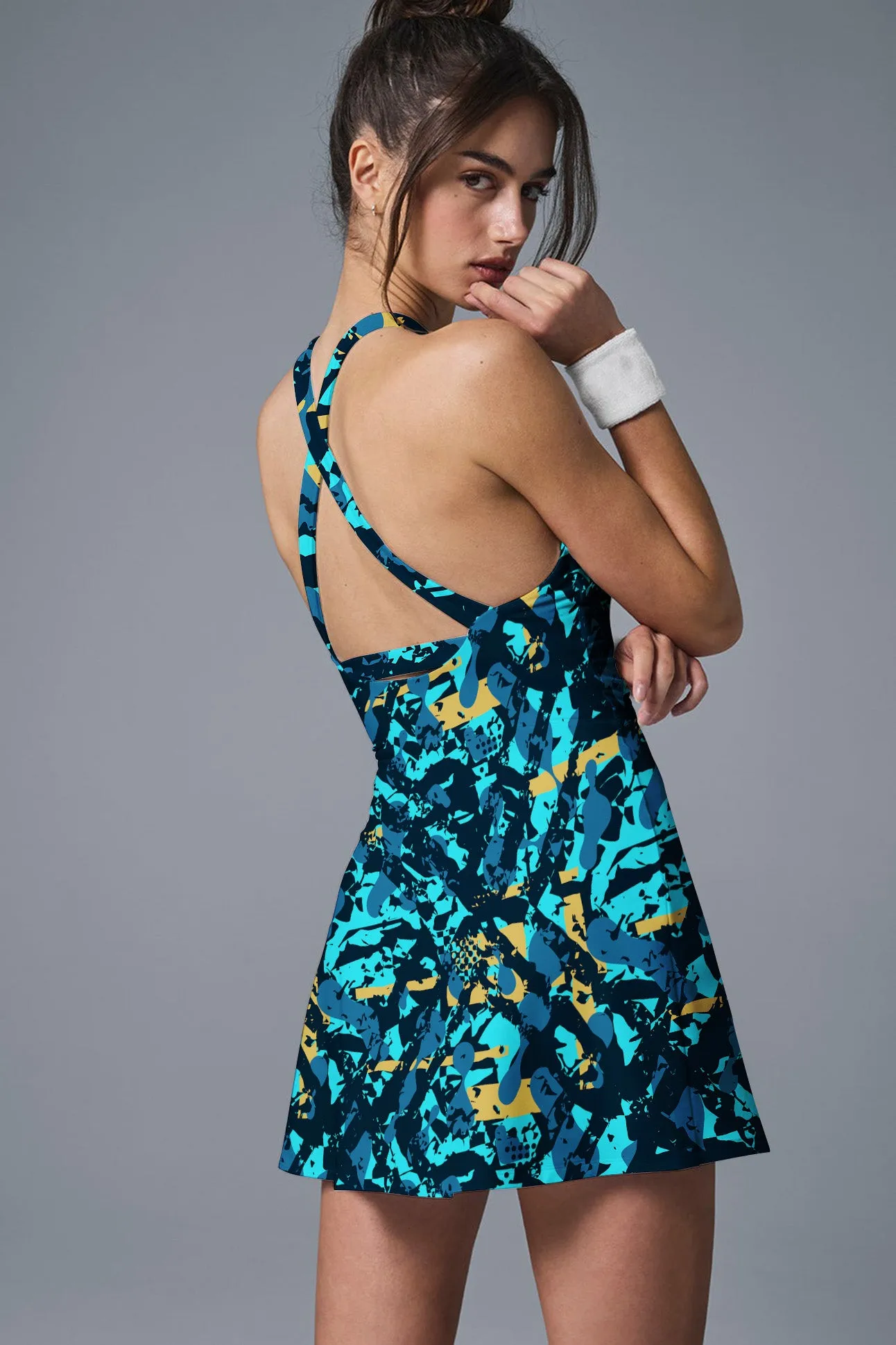 Midnight Motion – Teal Yellow Abstract Crossback Tennis Dress