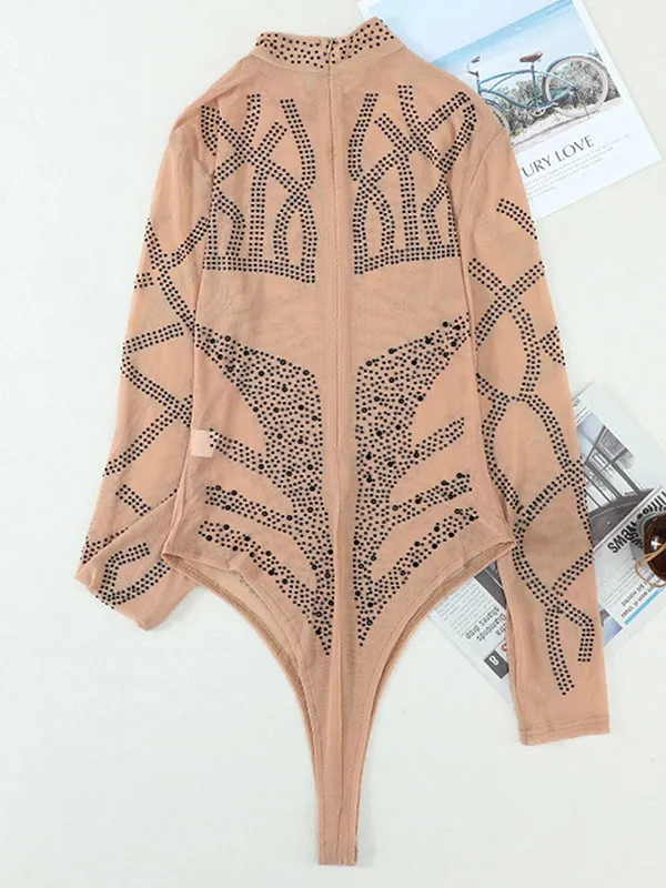 Momnfancy Chic Apricot Rhinestones Sparkly Transparent Bodycon Pregnancy Photoshoot Bodysuit Maternity Mini Jumpsuit