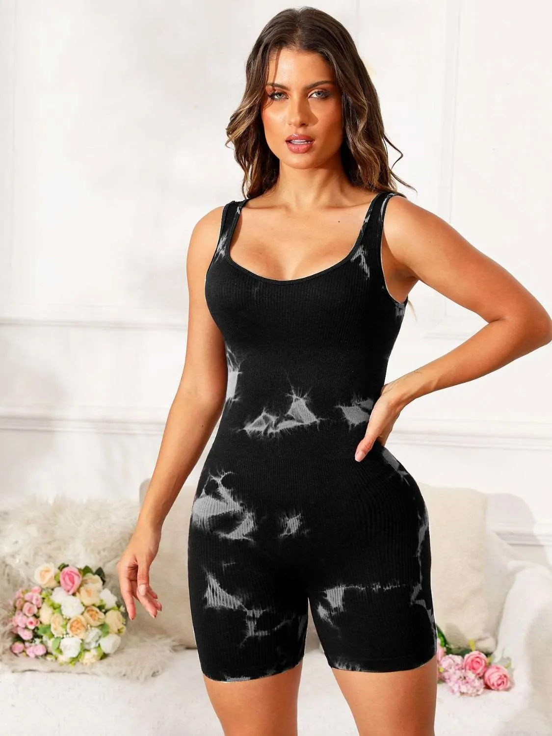 Motivation Spoken Tie-Dye Wide Strap Active Romper