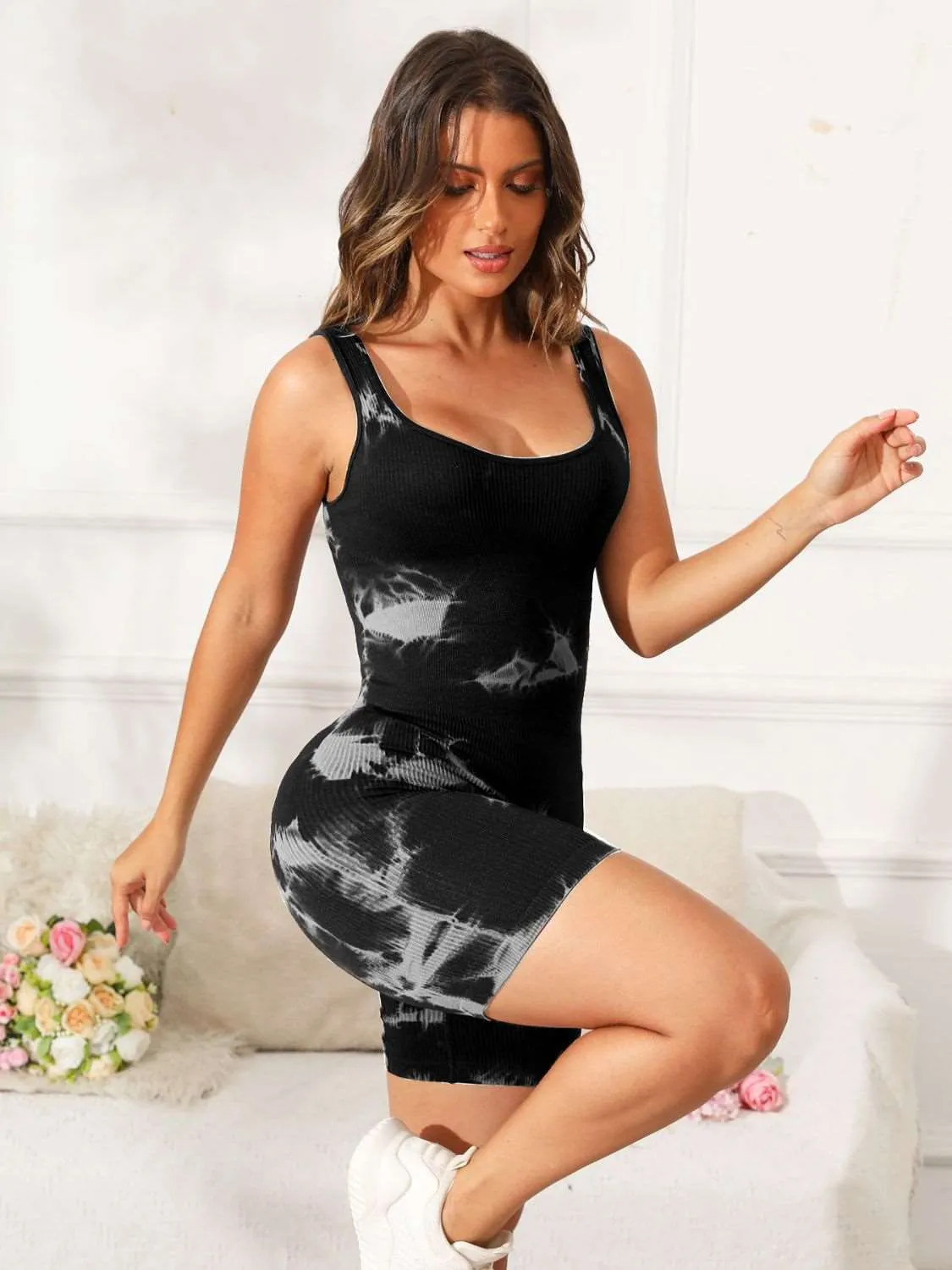 Motivation Spoken Tie-Dye Wide Strap Active Romper