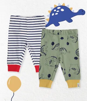 Multicoloured Dinosaur And Stripe Print Leggings - 2 Pack