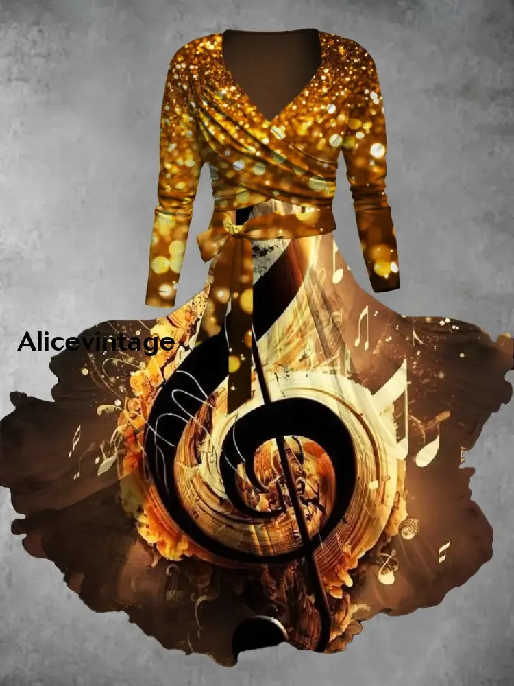 Music Note Art Print V-Neck Vintage Long Sleeve Two-Piece Midi Dress
