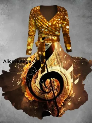 Music Note Art Print V-Neck Vintage Long Sleeve Two-Piece Midi Dress