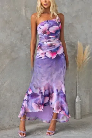 Nalani - Floral pleated stretch maxi dress with Deja knit overlay