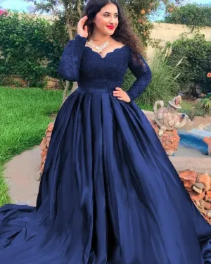 Navy Blue Satin Quince Dresses Long Sleeves Plue Size Prom Dresses