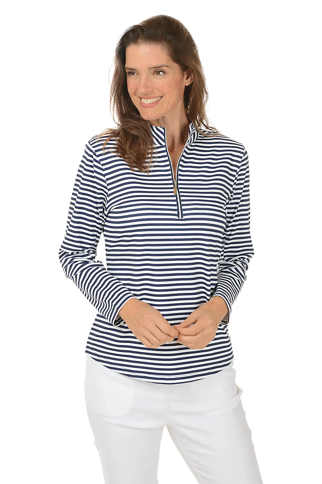 Navy Striped Mock Neck UPF50  Top