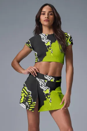 Neon Impact Crop & Skort Set – Bold Lime Green and Monochrome Graffiti Pattern