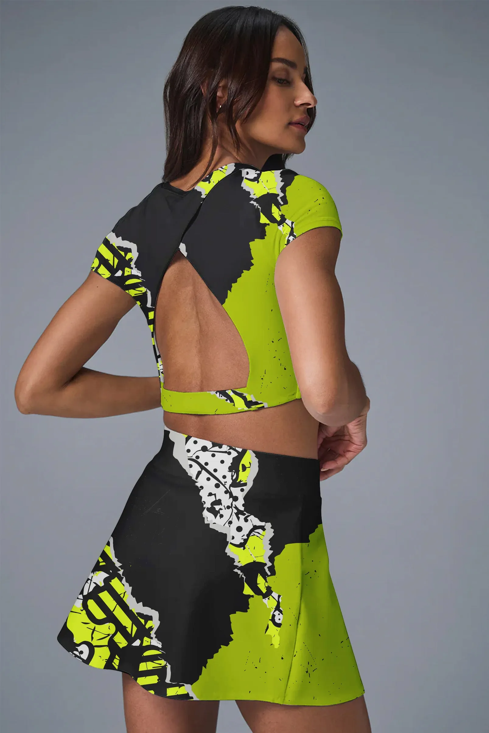 Neon Impact Crop & Skort Set – Bold Lime Green and Monochrome Graffiti Pattern