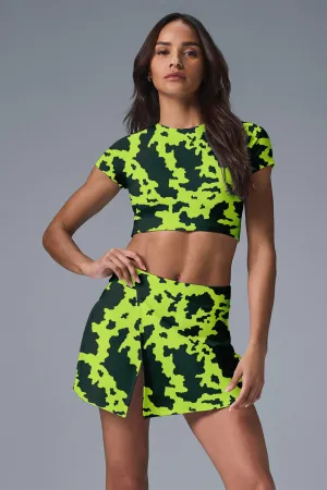 Neon Nova Set – Electric Lime & Black Camo Crop Top   Skirt for Active Women