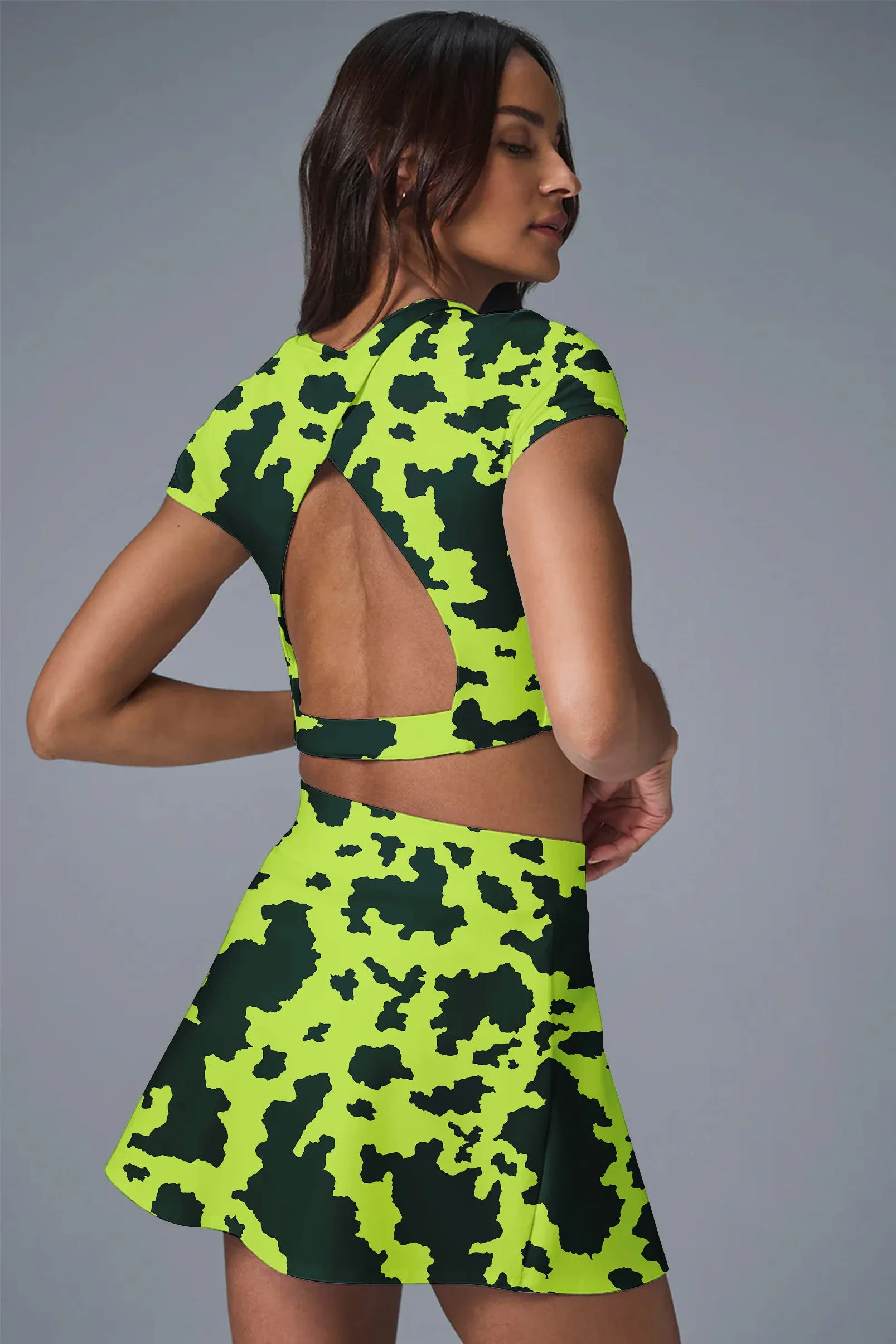 Neon Nova Set – Electric Lime & Black Camo Crop Top   Skirt for Active Women