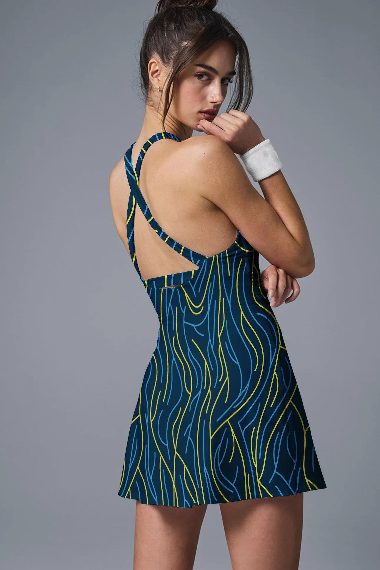 Neon Pulse Trail Set – Electric Blue & Lime Green Wavy Line Crop Top   Skirt