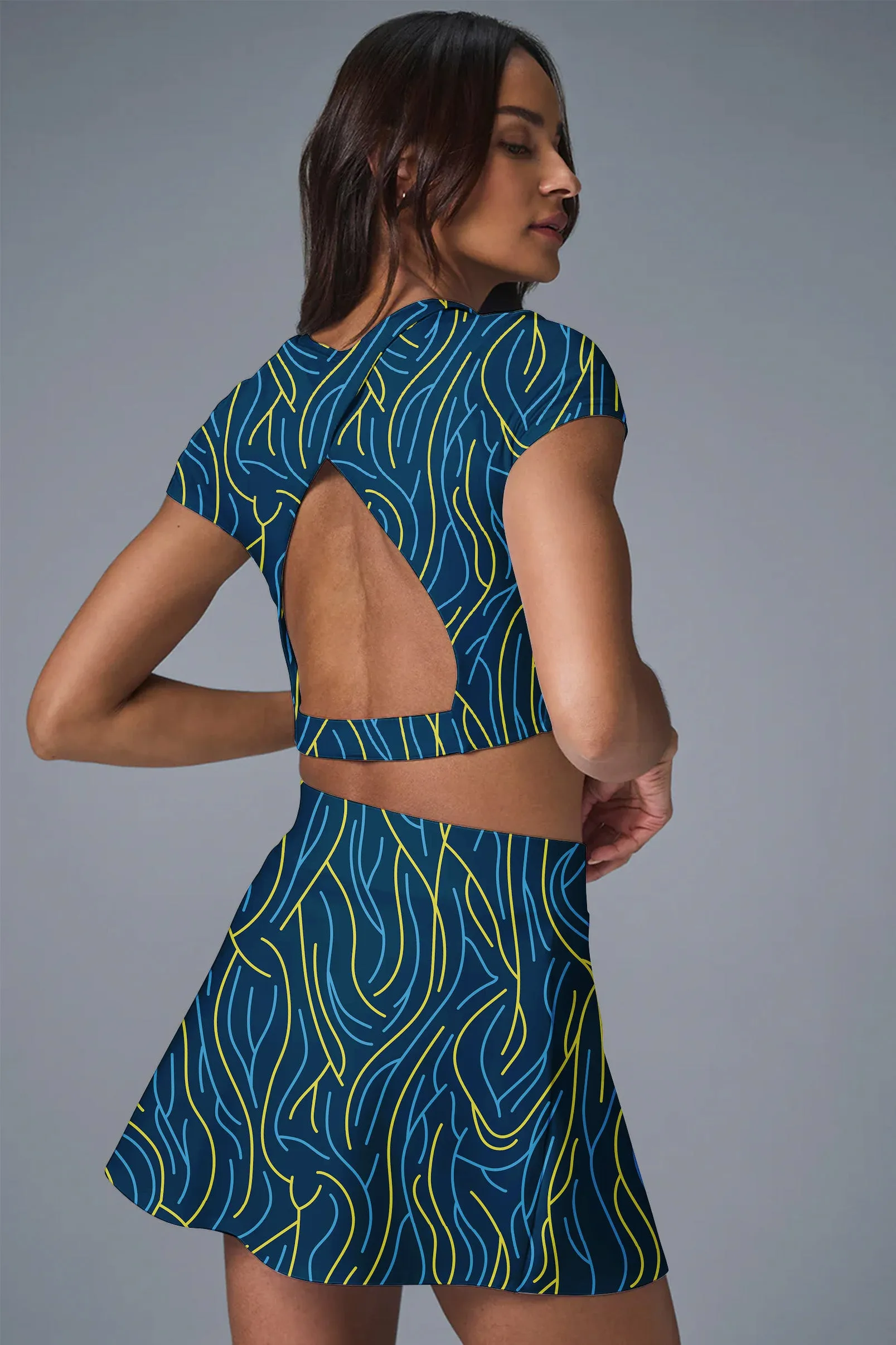 Neon Pulse Trail Set – Electric Blue & Lime Green Wavy Line Crop Top   Skirt