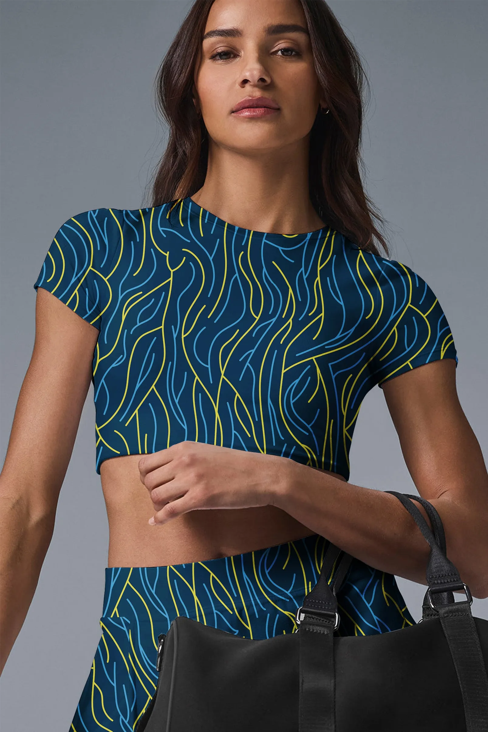 Neon Pulse Trail Set – Electric Blue & Lime Green Wavy Line Crop Top   Skirt